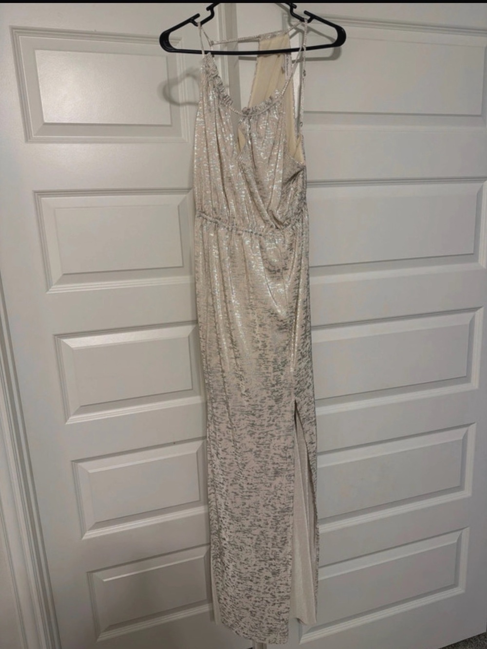 BCBGeneration Silver Sequin Maxi Dress with Side Slit